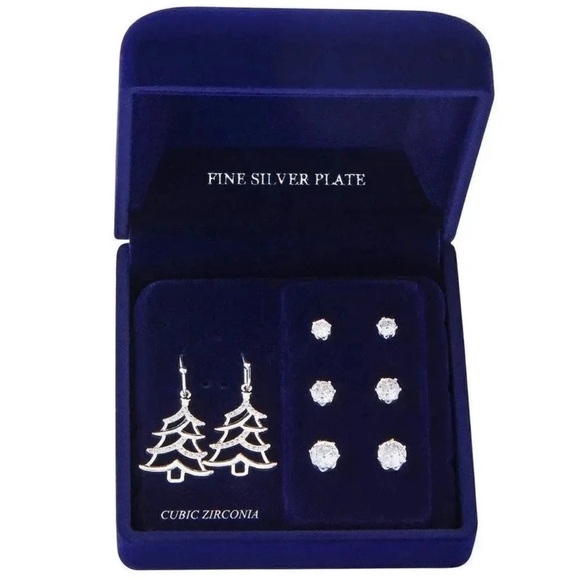 Anthropologie Fine Silver Plated Cubic Zirconia Tree Four Piece Earring Set - Picture 1 of 6